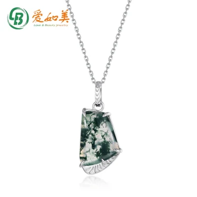 New Design Wholesale Price Jewelry Exquisite Sterling Silver 925 Dainty Chain Natural Green Moss Agate Pendant
